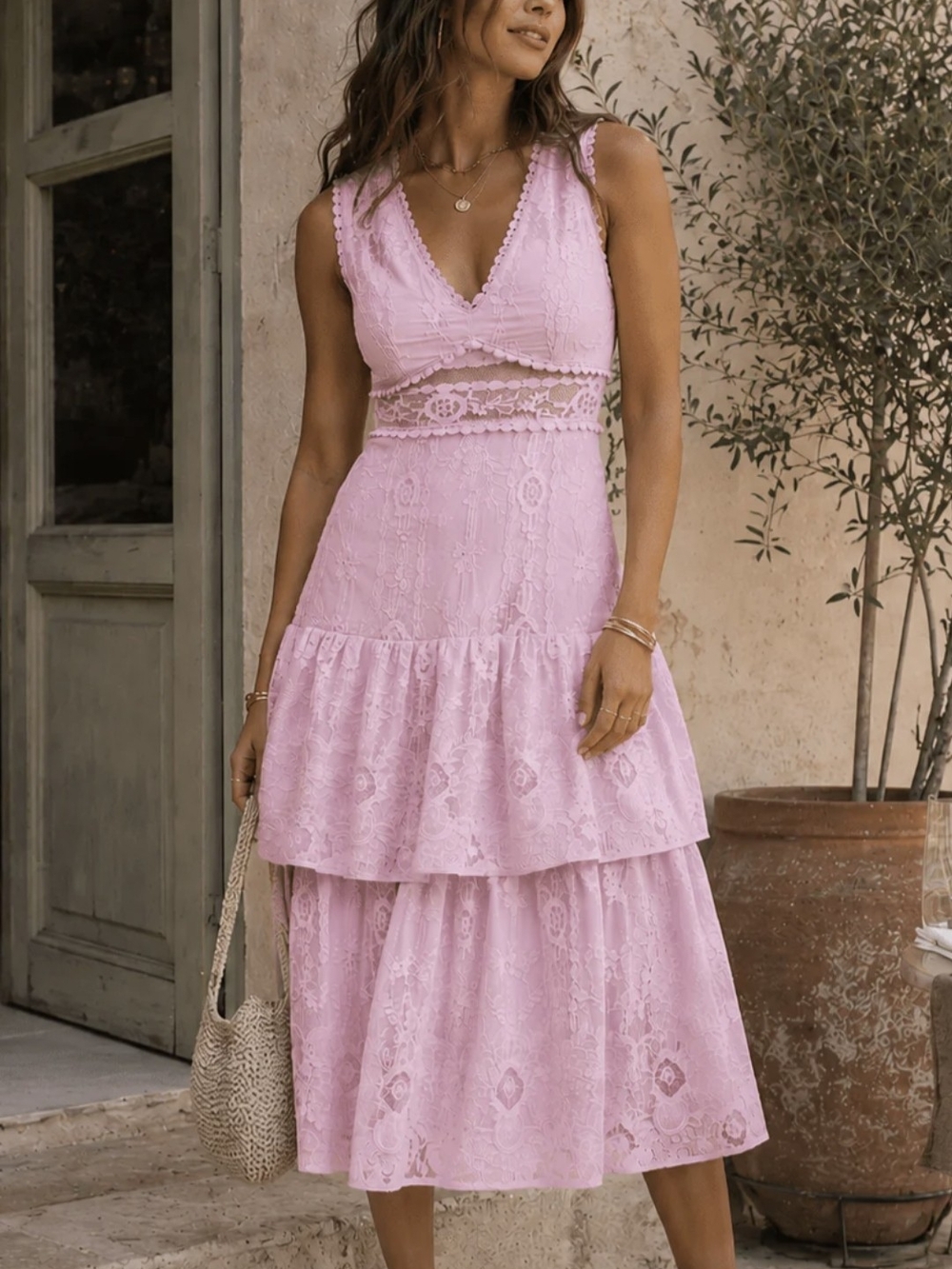 Just Me Lavender Lace Tiered Midi Dress - Women